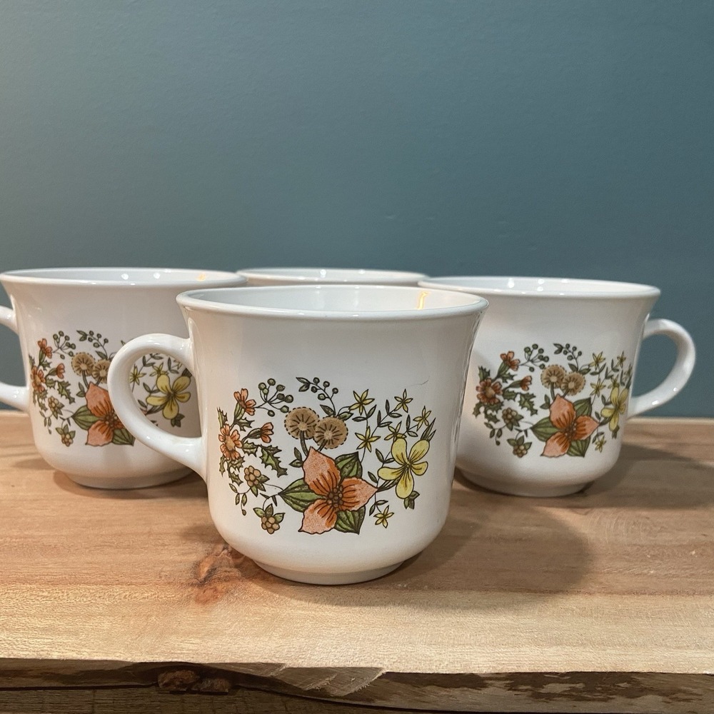 4 Vtg 1970 Corelle Corning Ware "Indian Summer"Coffee Cups Orange Yellow & Green - Picture 2 of 7